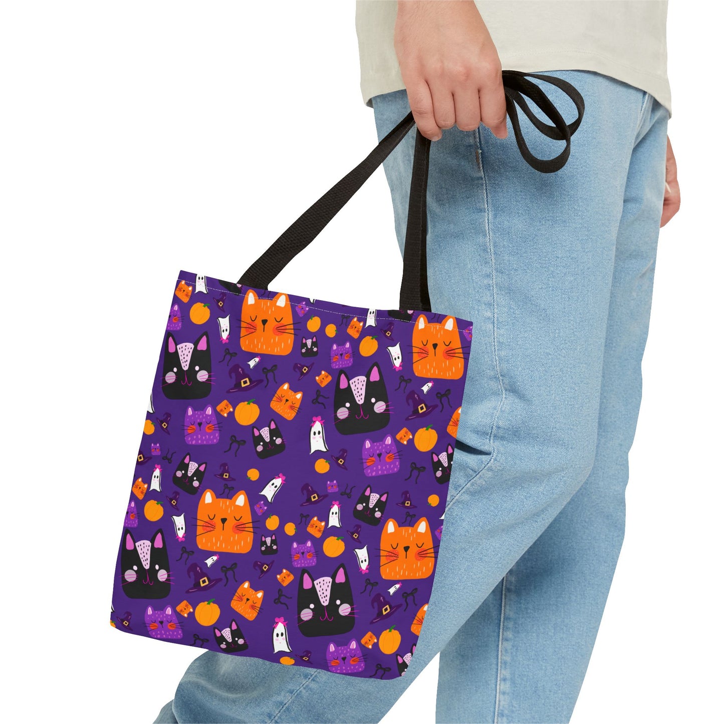 Halloween Cat Tote Bag, Cute Purple Shopping Bag, Halloween Gift, Cat Lover Accessory, Fun Everyday Bag, AOP Bag