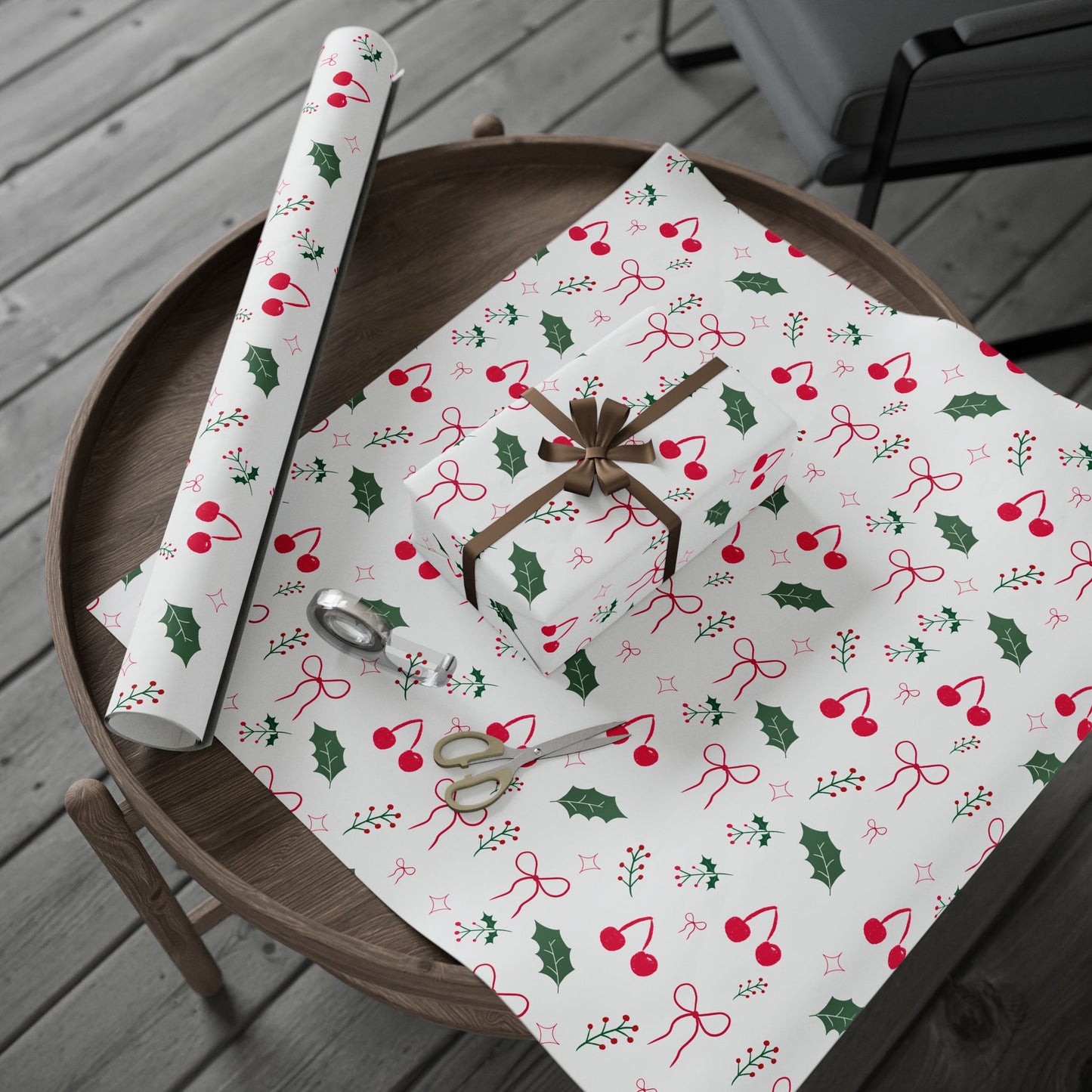 Holiday Holly & Bows Wrapping Paper Roll — Christmas Gift Wrap with Cherries and Holly Pattern