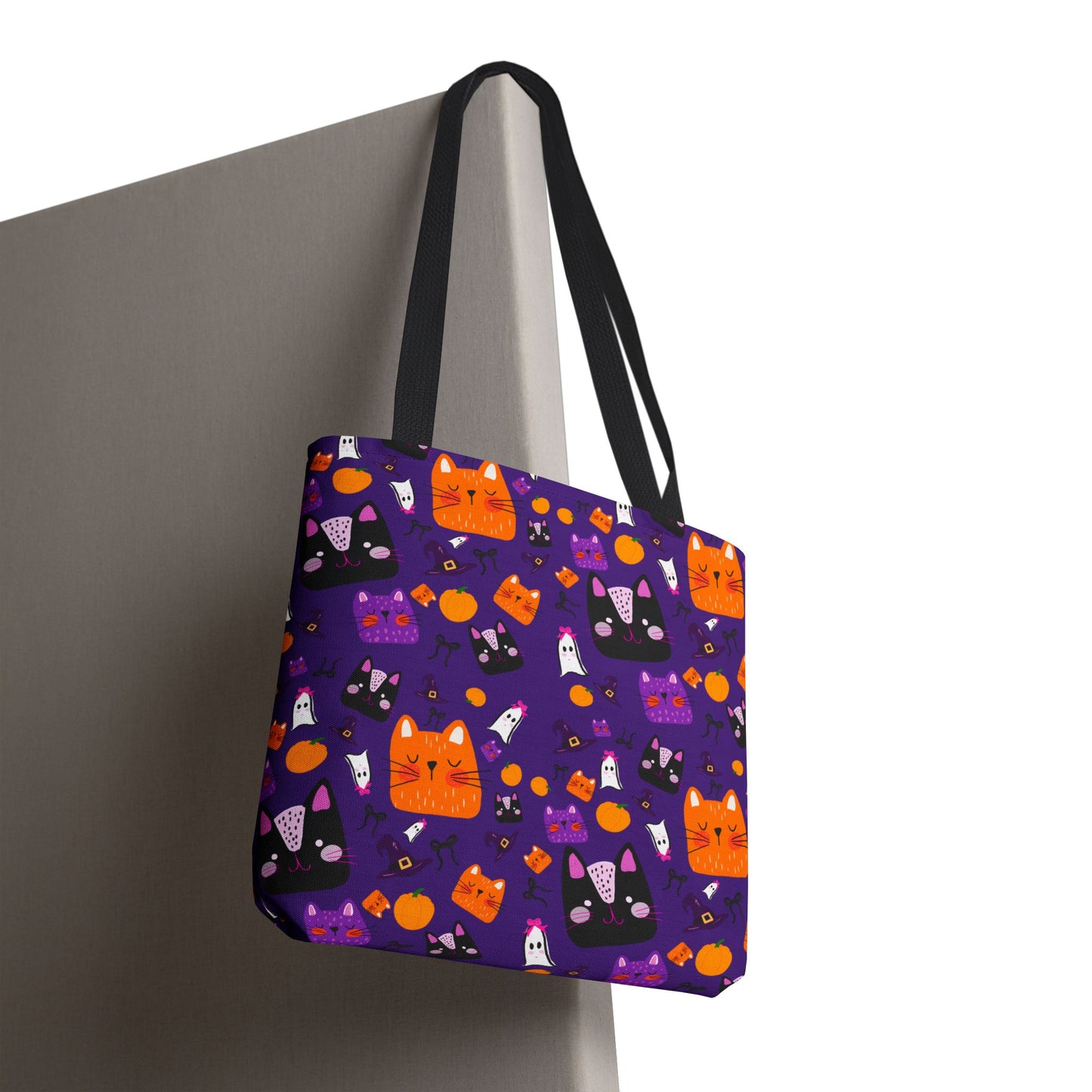 Halloween Cat Tote Bag, Cute Purple Shopping Bag, Halloween Gift, Cat Lover Accessory, Fun Everyday Bag, AOP Bag