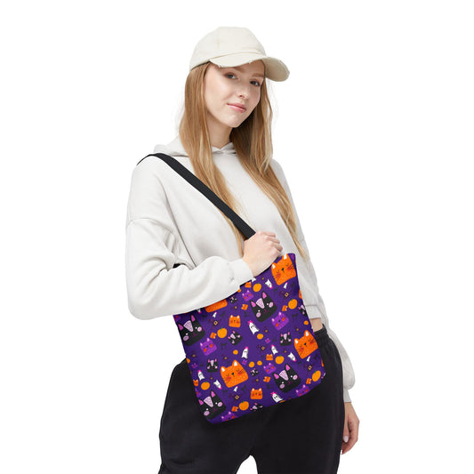 Halloween Cat Tote Bag, Cute Purple Shopping Bag, Halloween Gift, Cat Lover Accessory, Fun Everyday Bag, AOP Bag