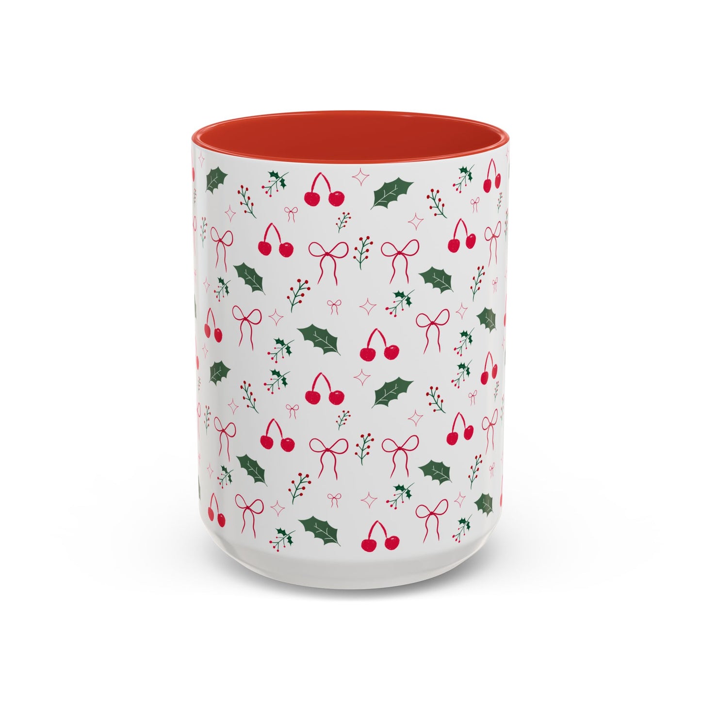Holiday Cherry & Holly Accent Coffee Mug — Pink Interior (11/15oz)