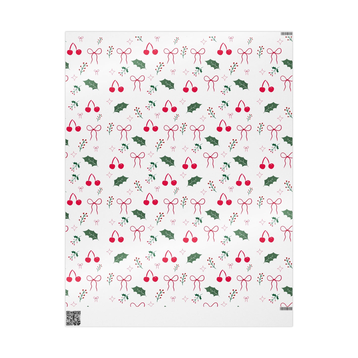 Holiday Holly & Bows Wrapping Paper Roll — Christmas Gift Wrap with Cherries and Holly Pattern