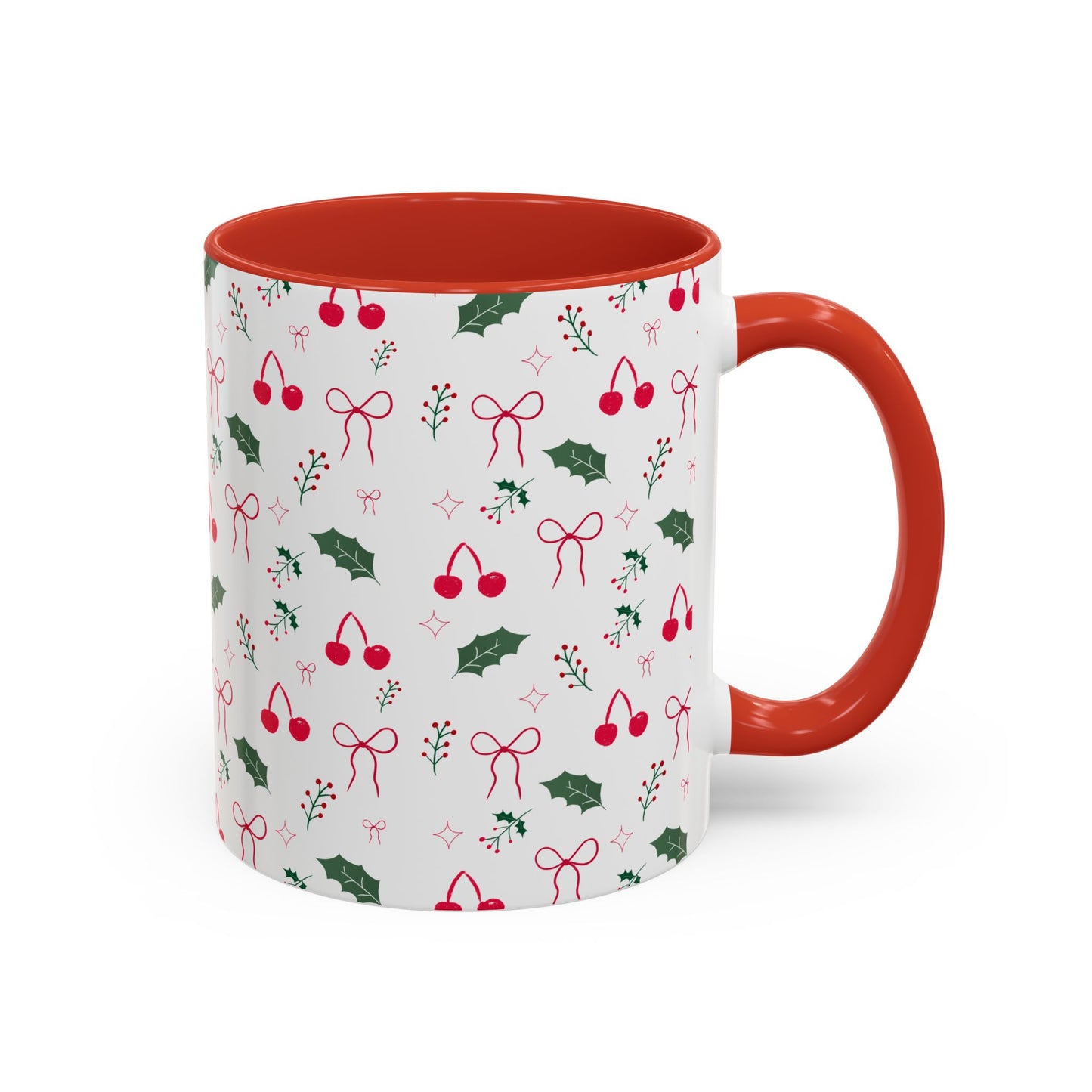 Holiday Cherry & Holly Accent Coffee Mug — Pink Interior (11/15oz)