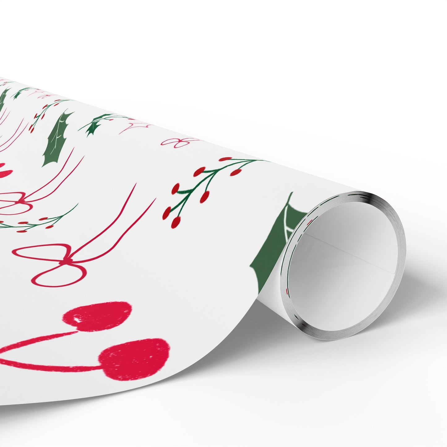 Holiday Holly & Bows Wrapping Paper Roll — Christmas Gift Wrap with Cherries and Holly Pattern