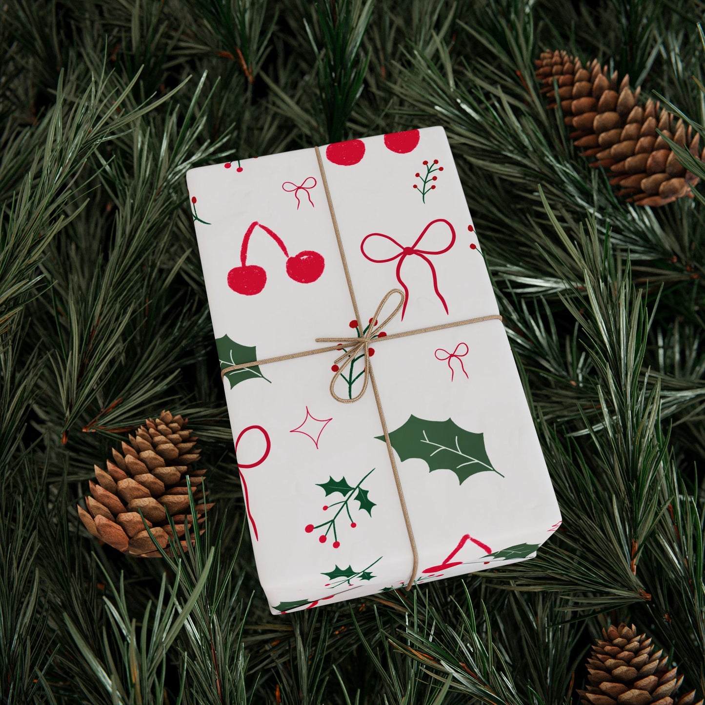 Holiday Holly & Bows Wrapping Paper Roll — Christmas Gift Wrap with Cherries and Holly Pattern