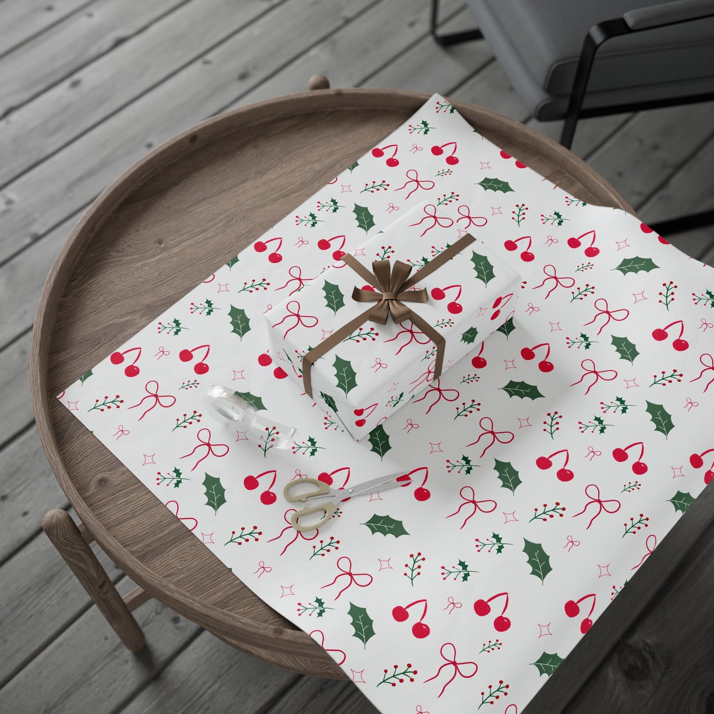 Holiday Holly & Bows Wrapping Paper Roll — Christmas Gift Wrap with Cherries and Holly Pattern