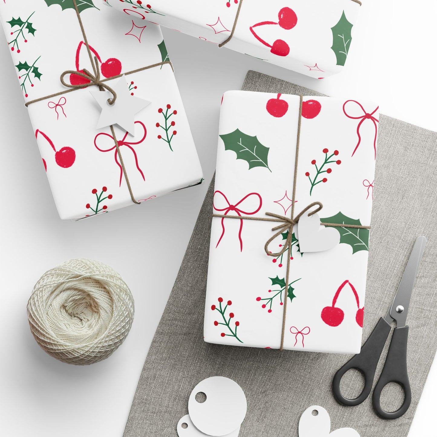Holiday Holly & Bows Wrapping Paper Roll — Christmas Gift Wrap with Cherries and Holly Pattern