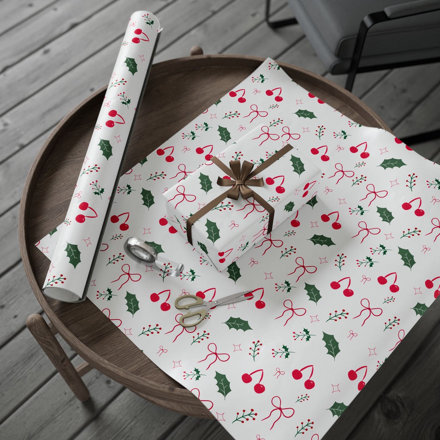 Holiday Holly & Bows Wrapping Paper Roll — Christmas Gift Wrap with Cherries and Holly Pattern