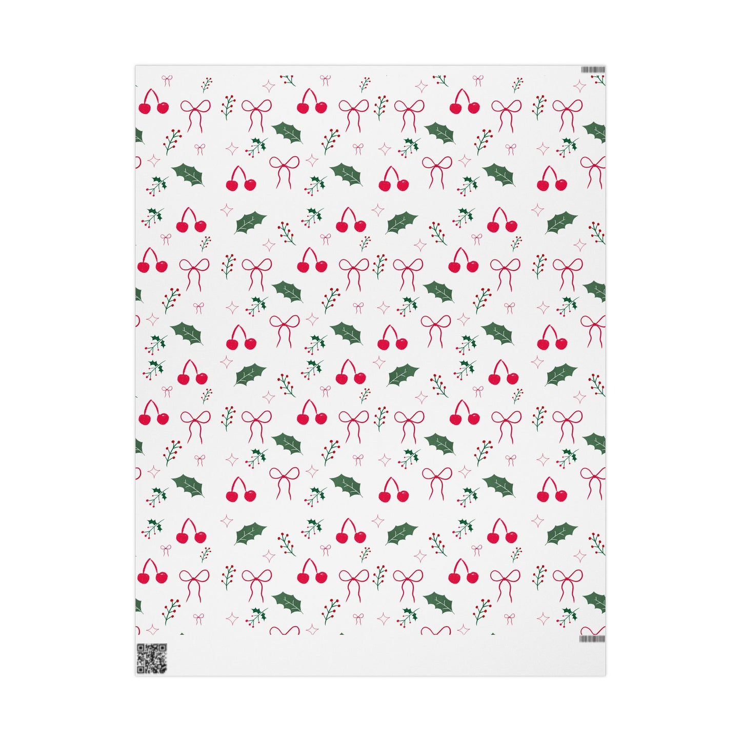 Holiday Holly & Bows Wrapping Paper Roll — Christmas Gift Wrap with Cherries and Holly Pattern