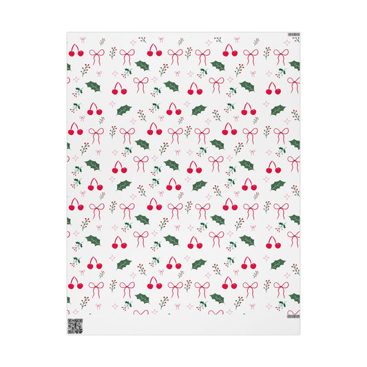 Holiday Holly & Bows Wrapping Paper Roll — Christmas Gift Wrap with Cherries and Holly Pattern
