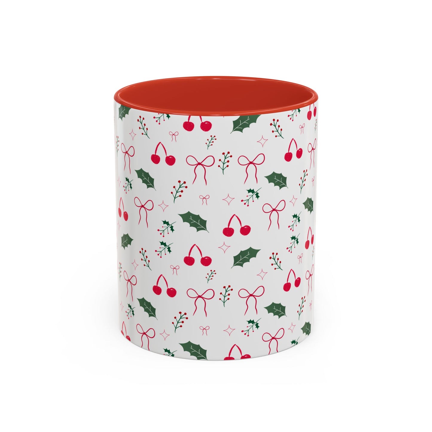 Holiday Cherry & Holly Accent Coffee Mug — Pink Interior (11/15oz)