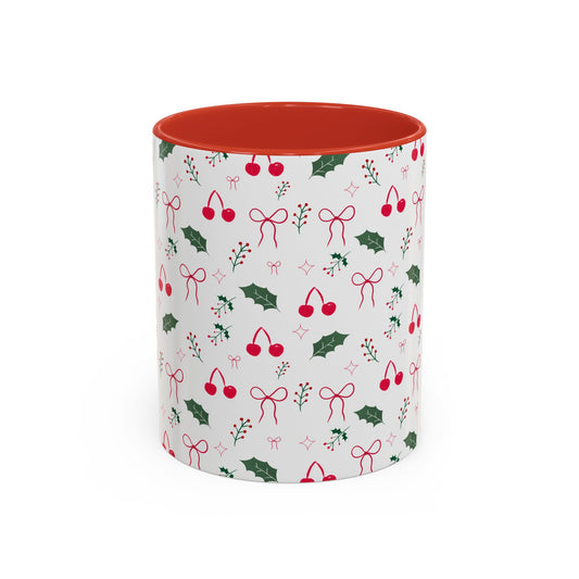 Holiday Cherry & Holly Accent Coffee Mug — Pink Interior (11/15oz)