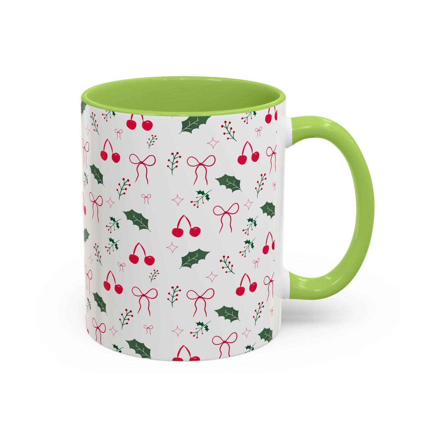 Holiday Cherry & Holly Accent Coffee Mug — Pink Interior (11/15oz)