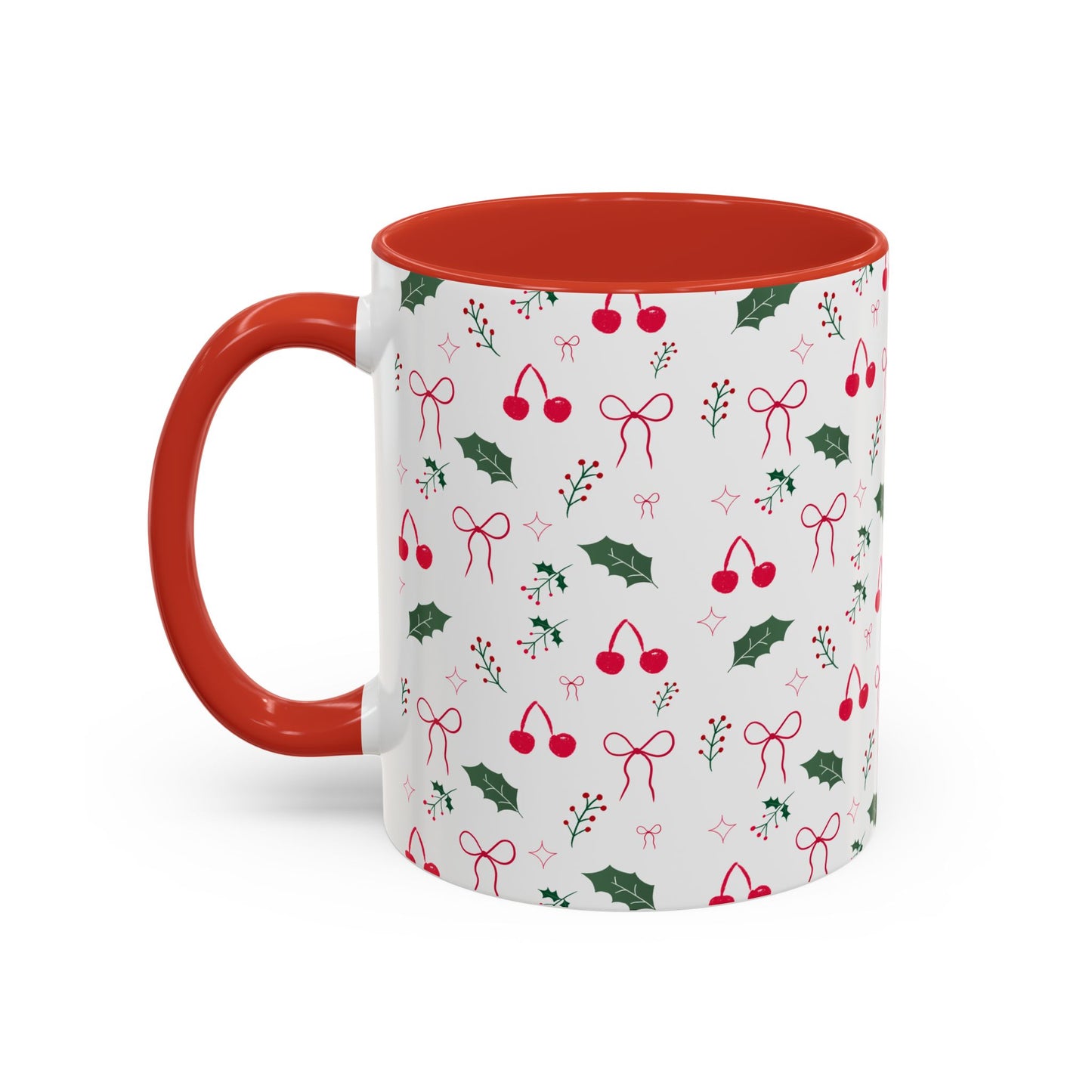 Holiday Cherry & Holly Accent Coffee Mug — Pink Interior (11/15oz)