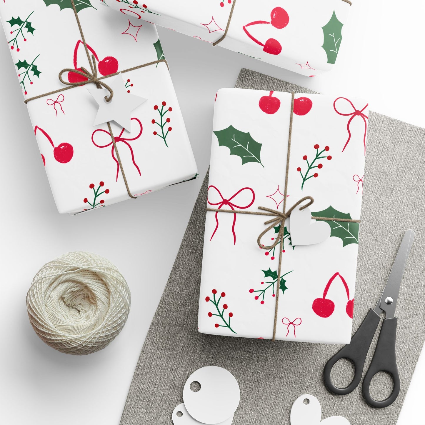 Holiday Holly & Bows Wrapping Paper Roll — Christmas Gift Wrap with Cherries and Holly Pattern