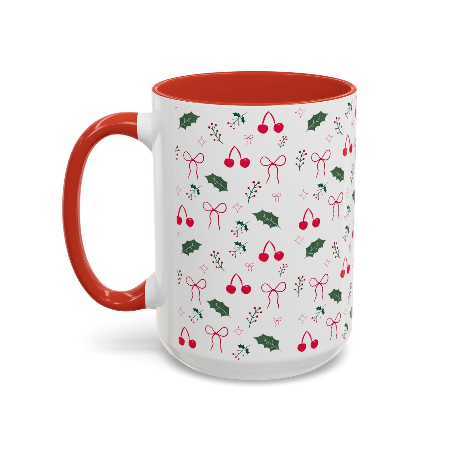 Holiday Cherry & Holly Accent Coffee Mug — Pink Interior (11/15oz)