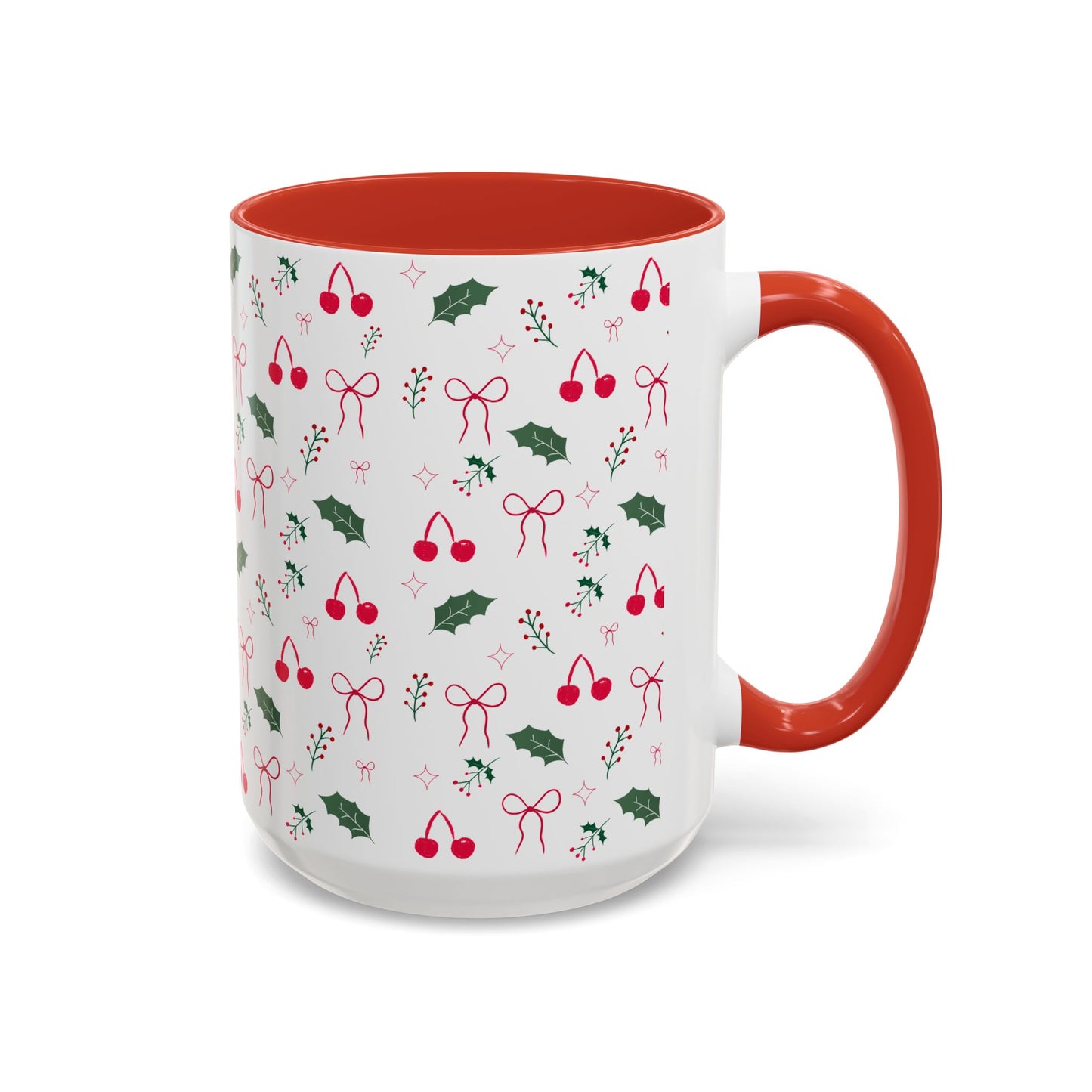 Holiday Cherry & Holly Accent Coffee Mug — Pink Interior (11/15oz)