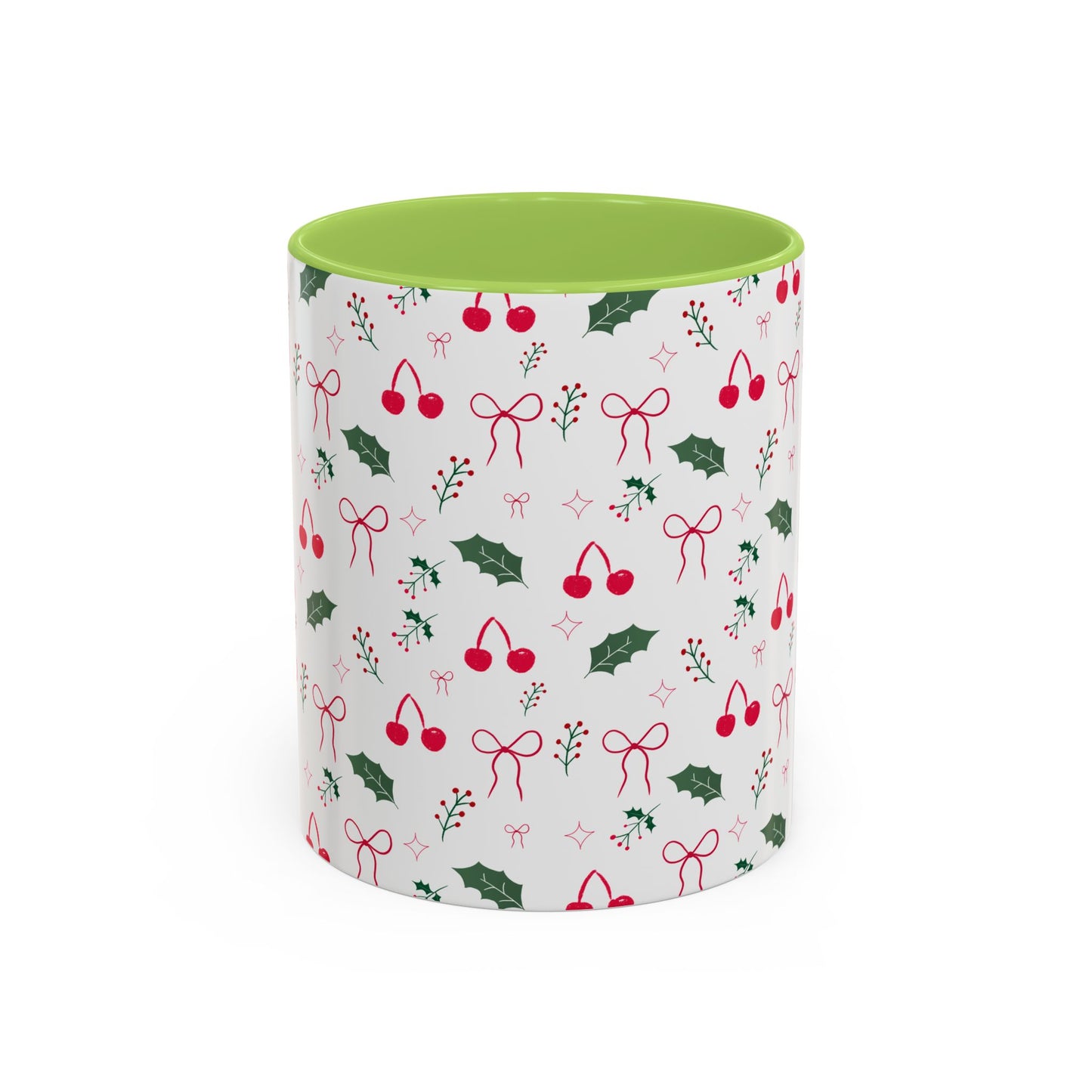 Holiday Cherry & Holly Accent Coffee Mug — Pink Interior (11/15oz)